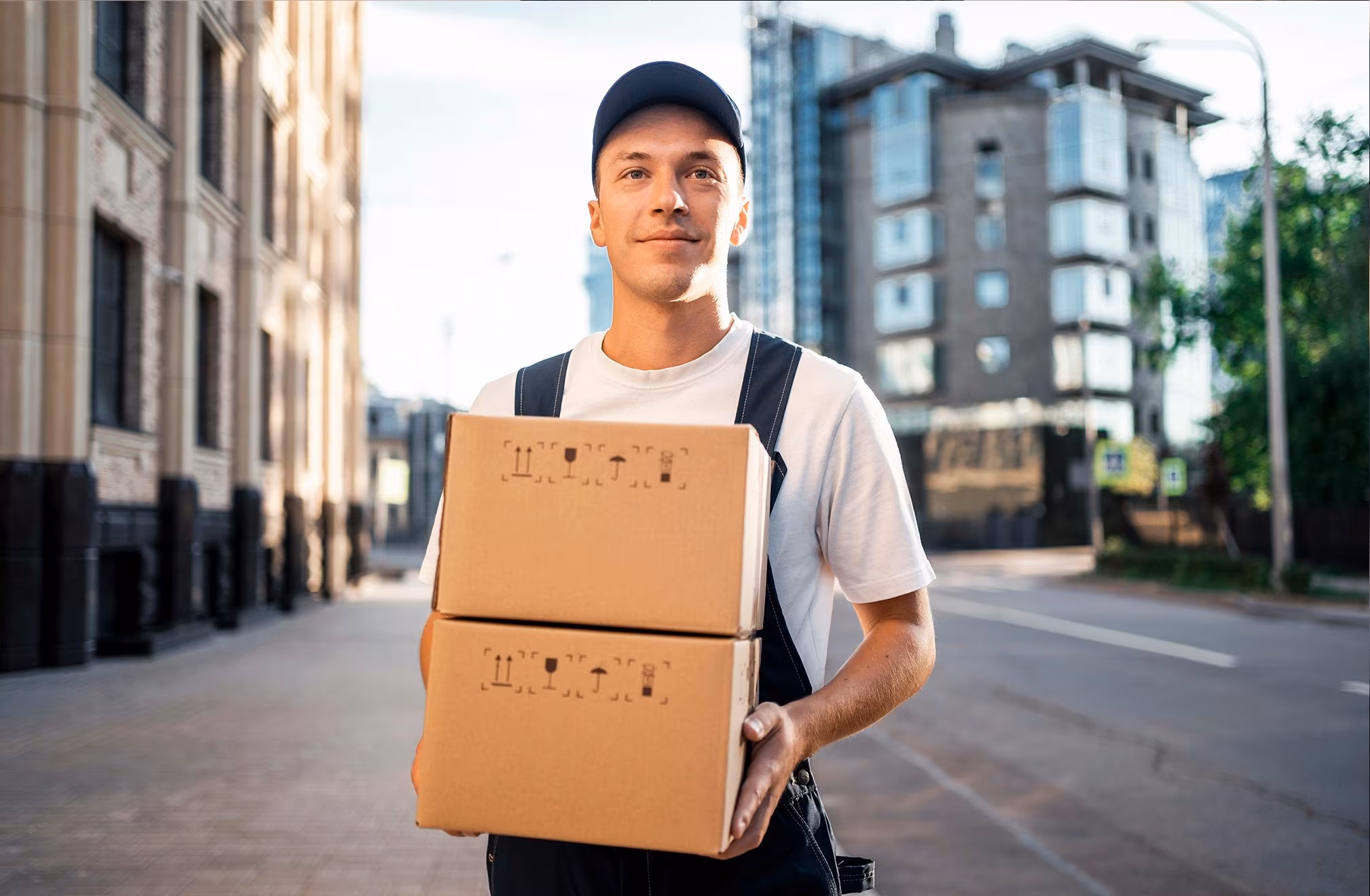 A mover carrying two cartons along an empty city street lined with apartment blocks
