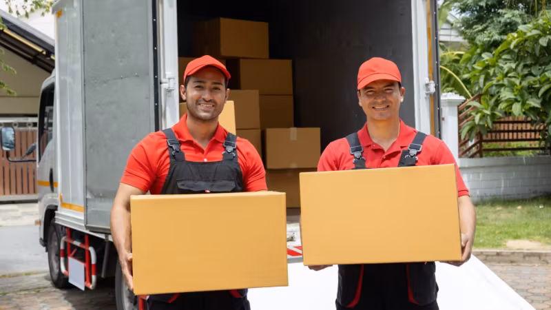 Two movers holding cartons in front of an open box truck with greenery behind