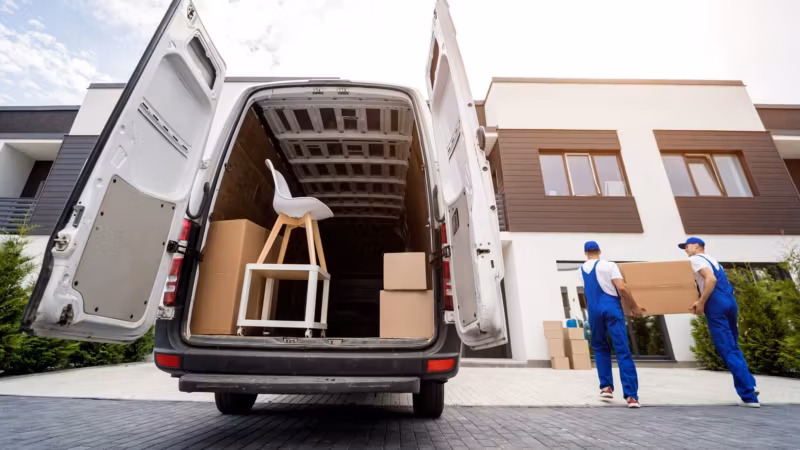 The open rear of a van holding a chair and cartons, two movers working beside it with houses behind