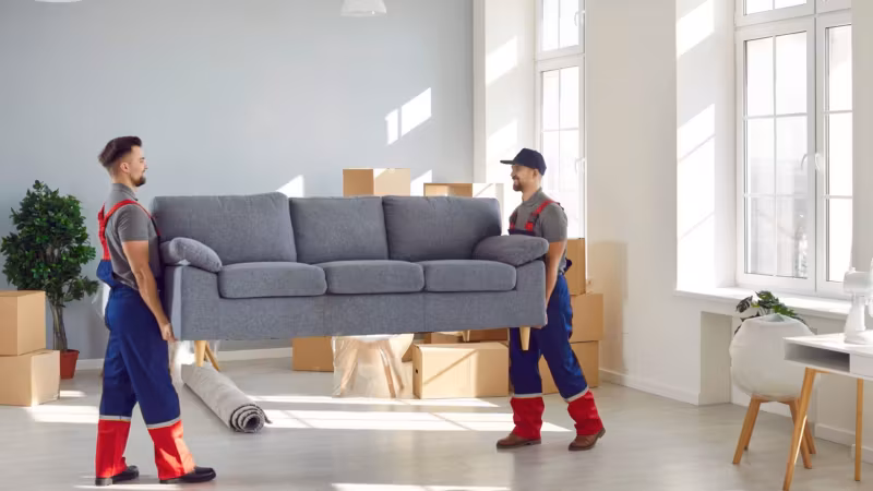 Two movers carrying a grey sofa into a bright empty room, a rolled rug and cartons on the floor