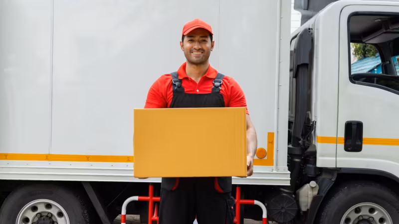 A mover holding a carton in front of a white box truck