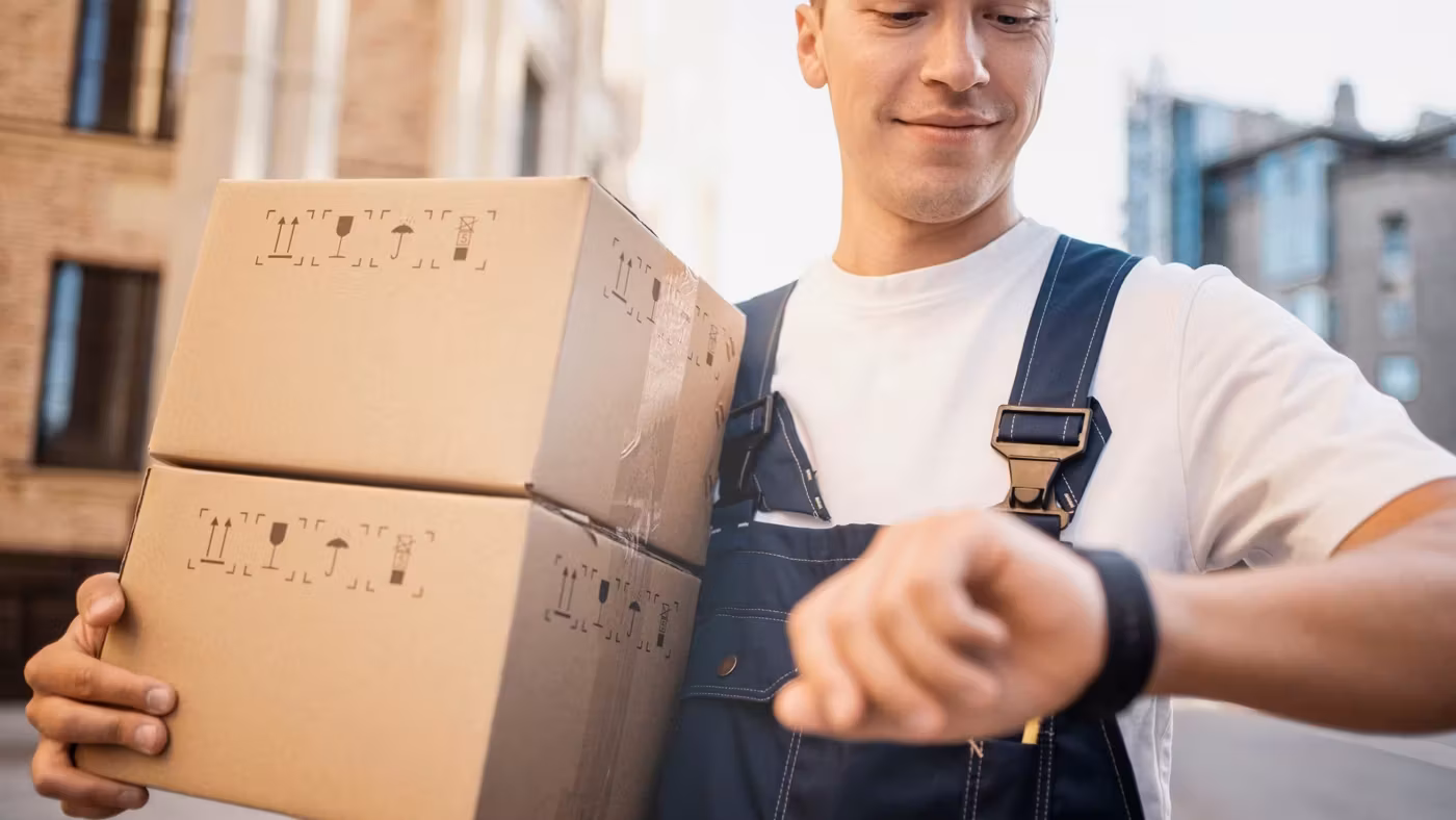 A mover carrying cartons glancing at the watch on his wrist
