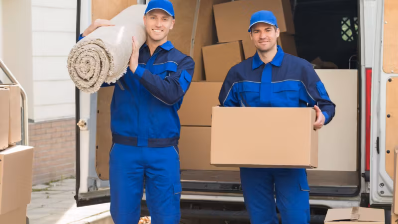 Two movers at the back of a van, one with a rolled rug and one with a carton