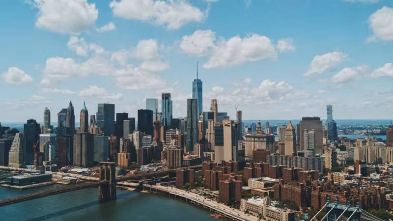 Lower Manhattan from above with the Brooklyn and Manhattan bridges crossing the East River