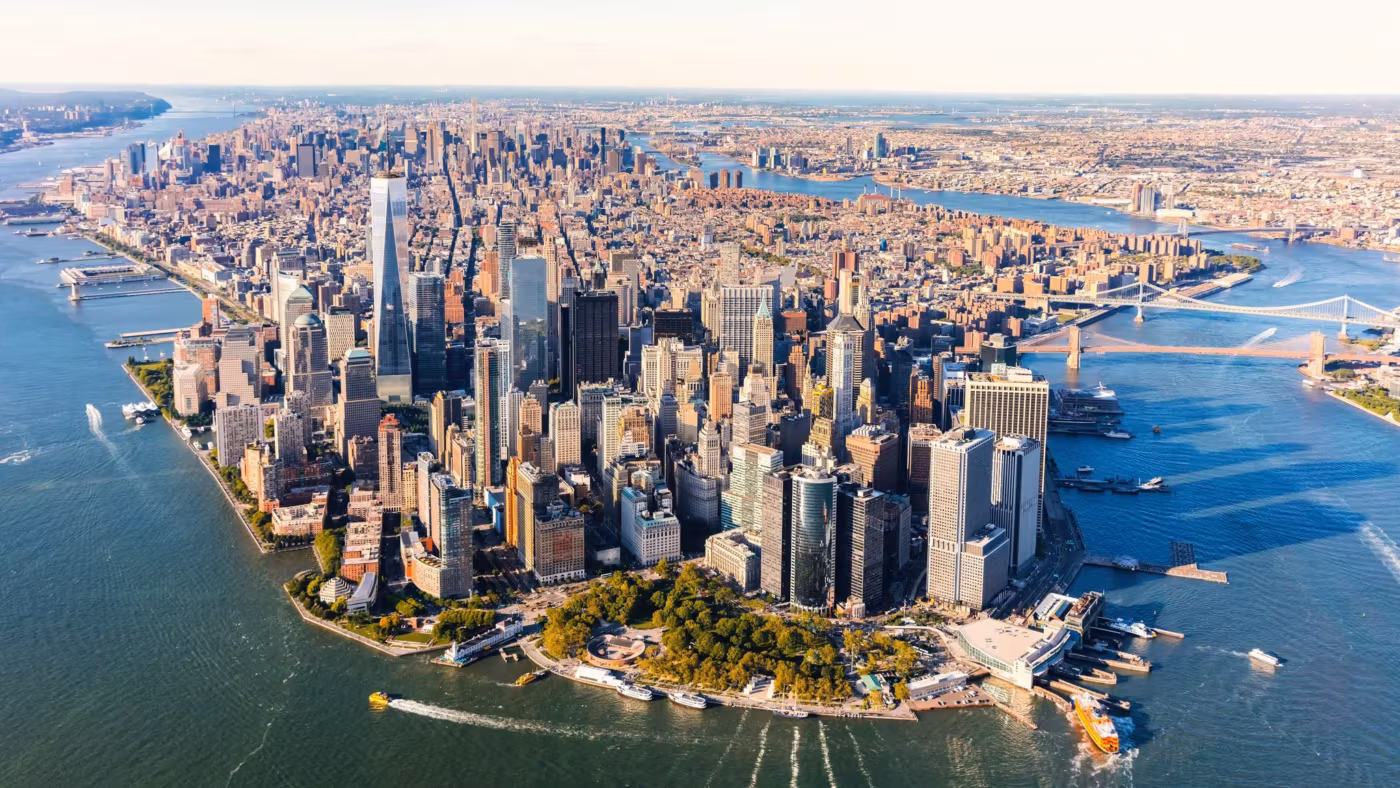 Lower Manhattan from the air with the Hudson and East rivers on either side