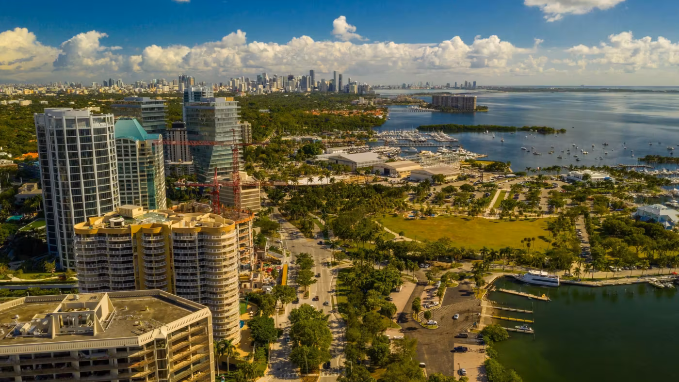 Miami's bayfront towers and park seen from above with the bay beyond