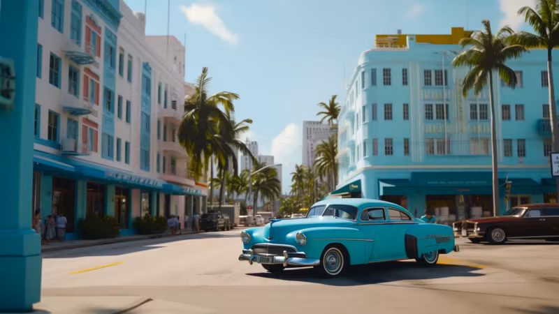 Pastel art-deco buildings and a classic car on a Miami Beach street