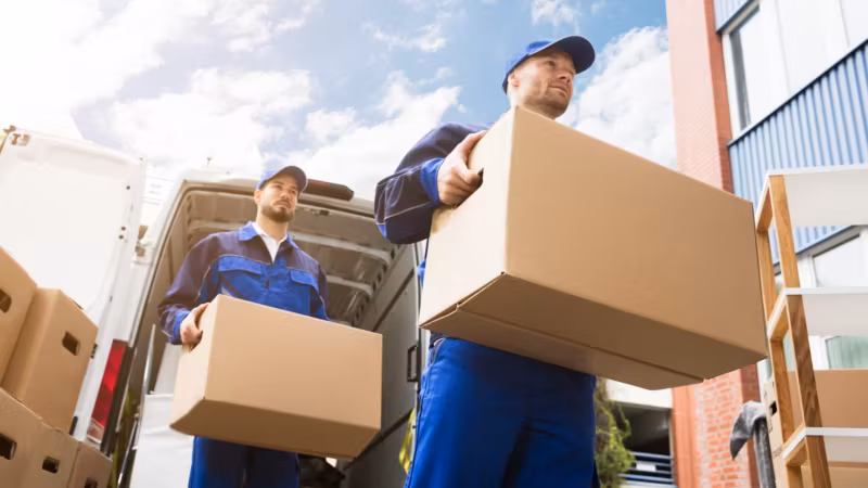 Two movers carrying boxes at the tail of a moving truck