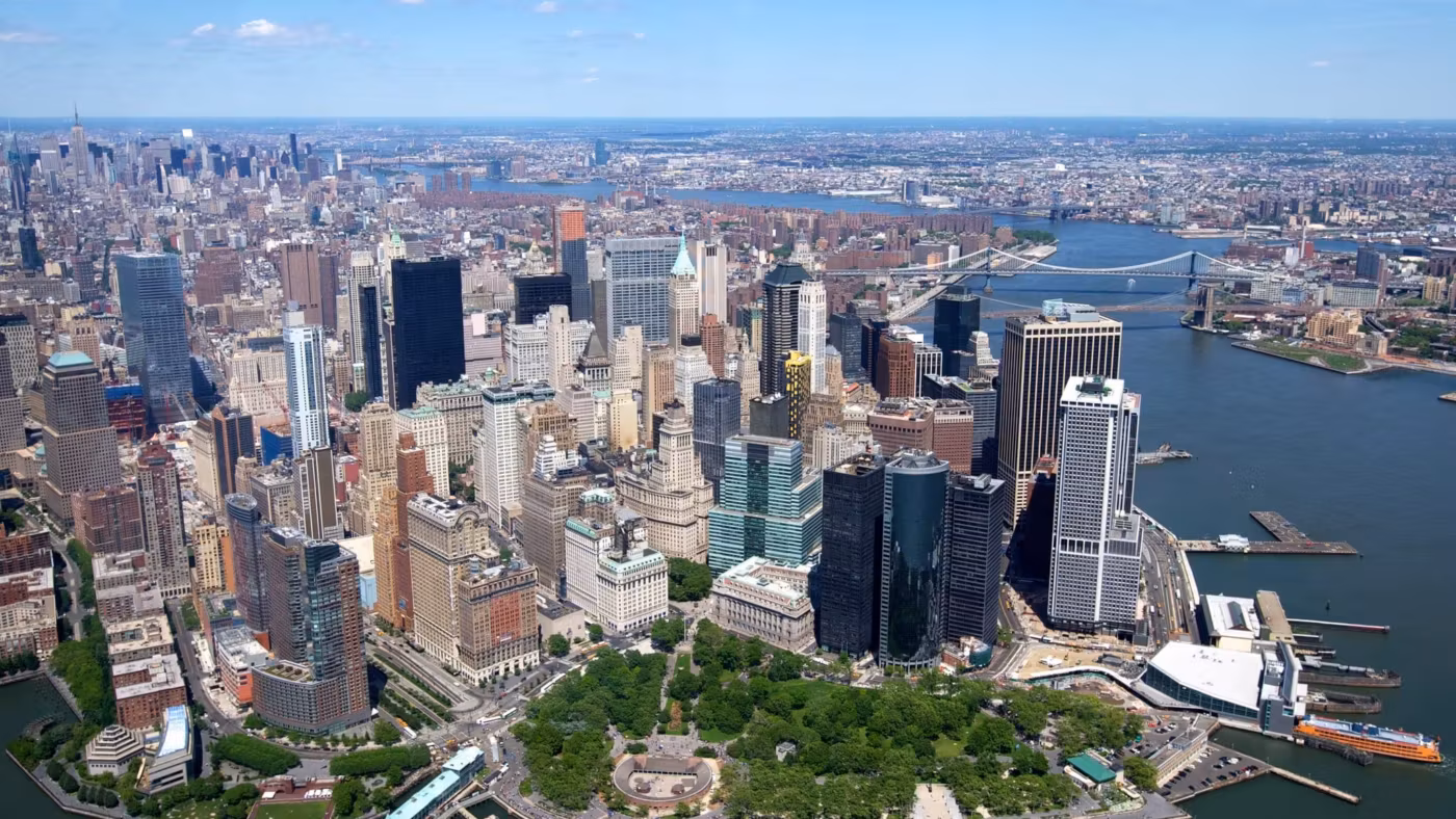 Lower Manhattan from above with Battery Park at the tip of the island