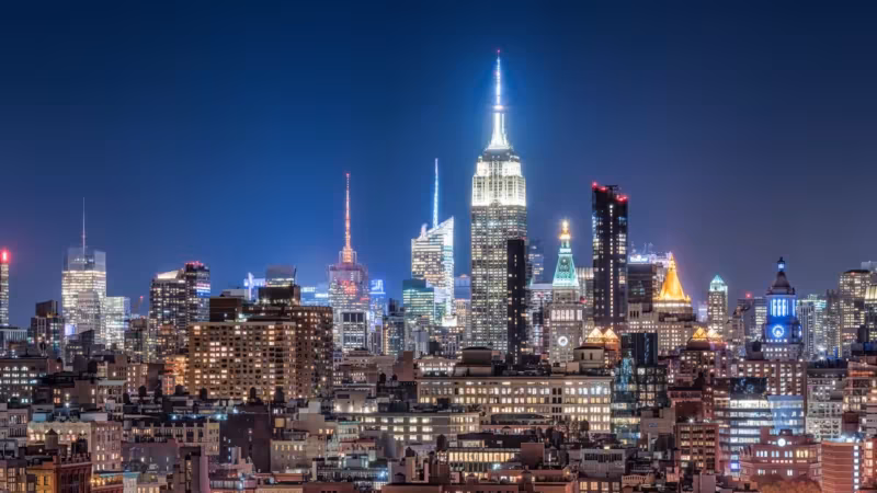 The Midtown Manhattan skyline lit at night