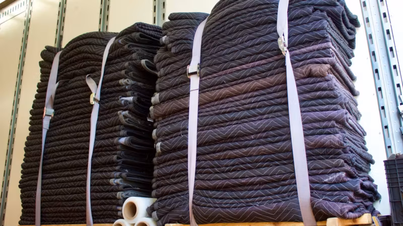 Strapped pallets of folded quilted moving blankets on warehouse racking