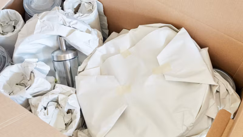 A carton part-packed with items each wrapped separately in white packing paper