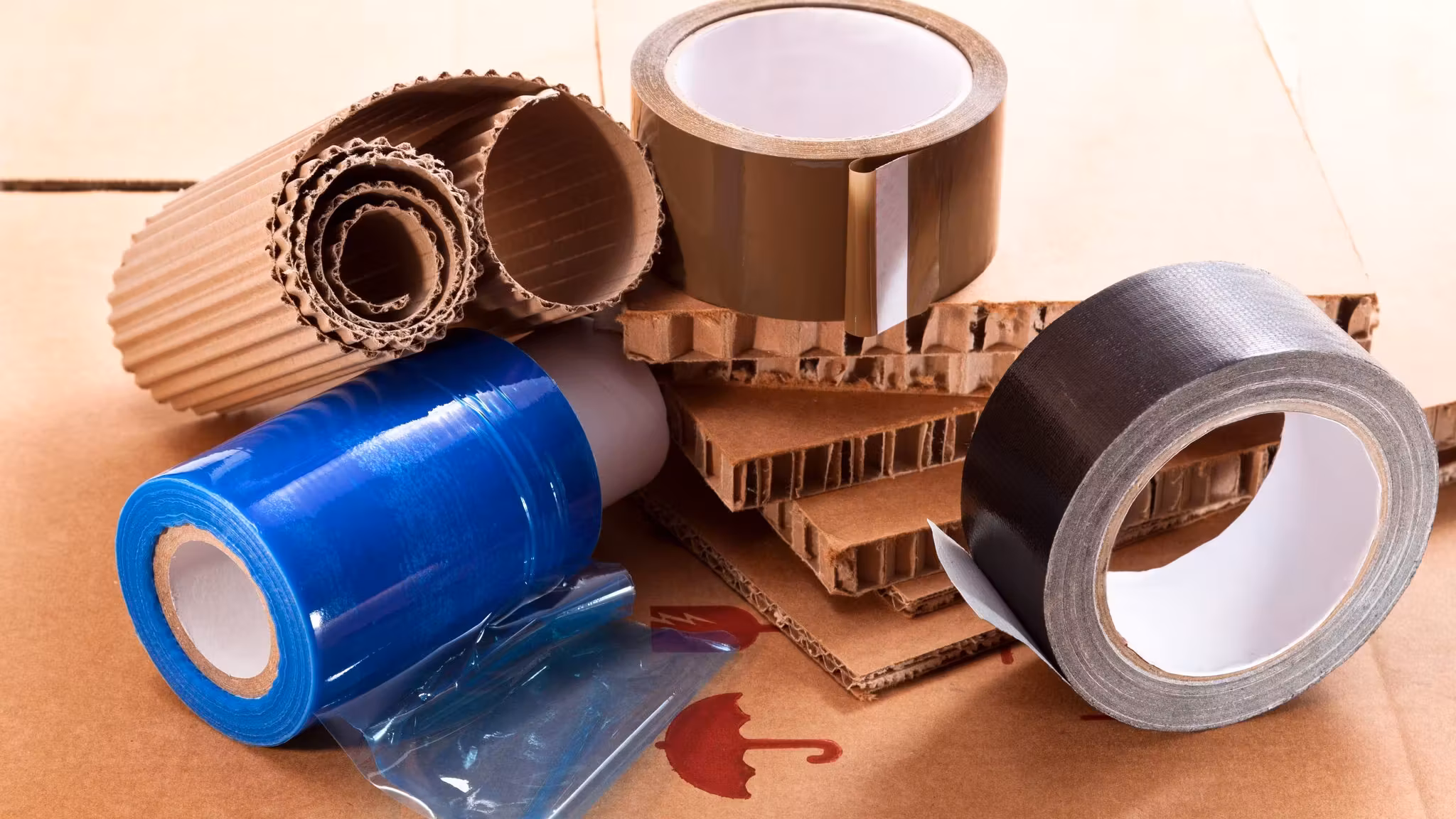 Packing materials laid out on kraft paper: a roll of corrugated wrap, corner board, blue surface film and two rolls of tape