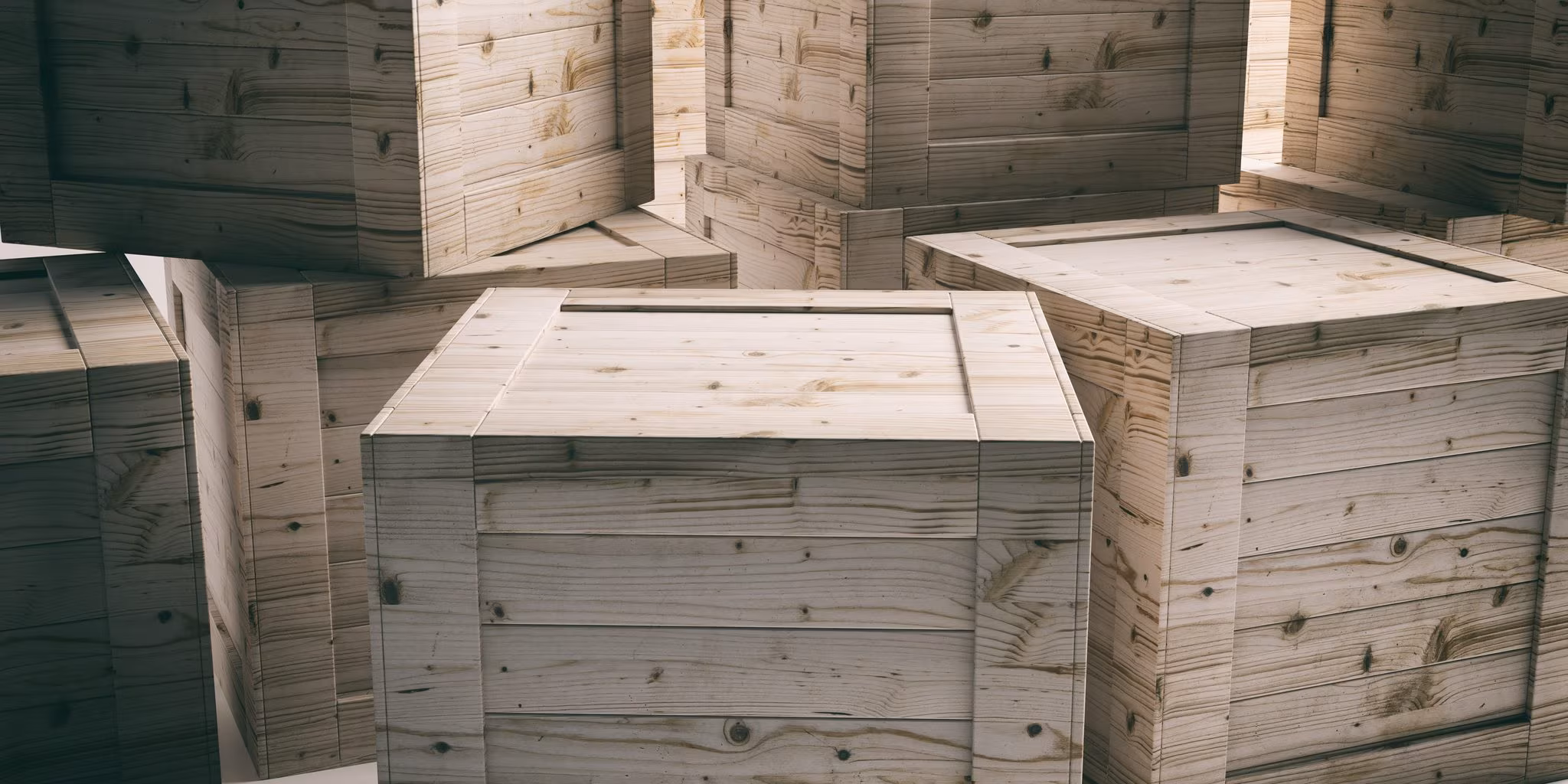New wooden crates stacked close together, their lids screwed down and battens visible