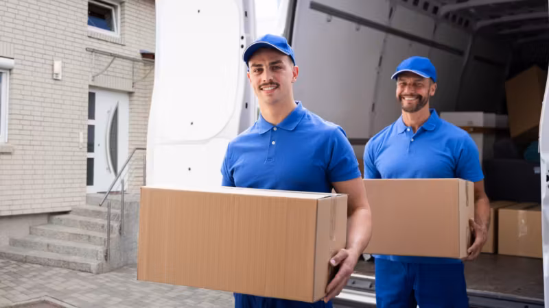 Two movers with a carton at the open side of a van outside a building