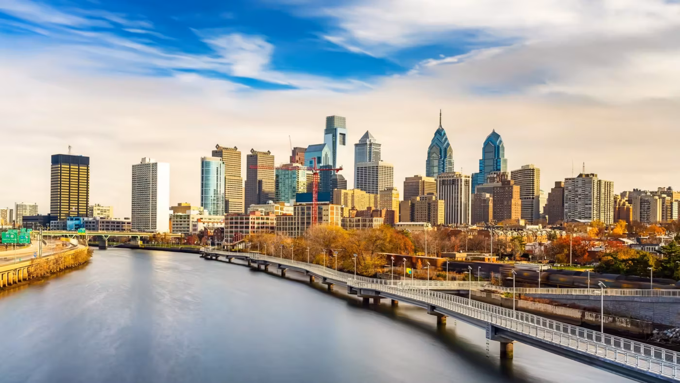 The Philadelphia skyline above the Schuylkill riverfront walk