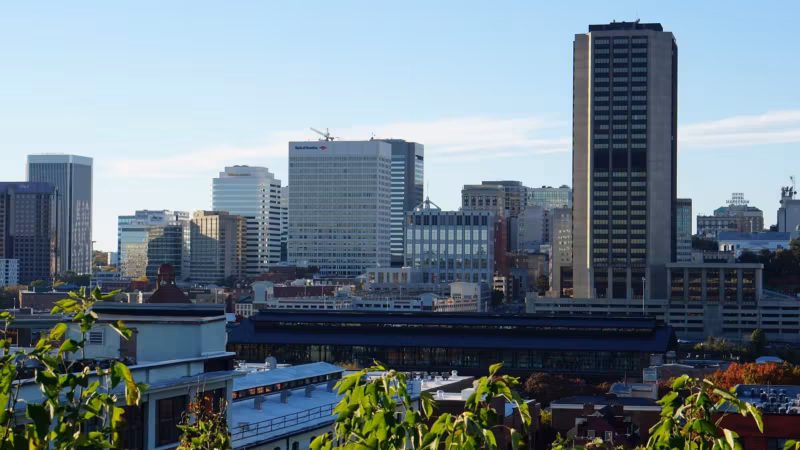 Richmond's downtown skyline seen over trees and rooftops