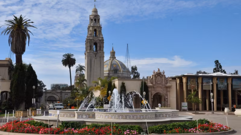 The California Tower and a fountain in Balboa Park, San Diego