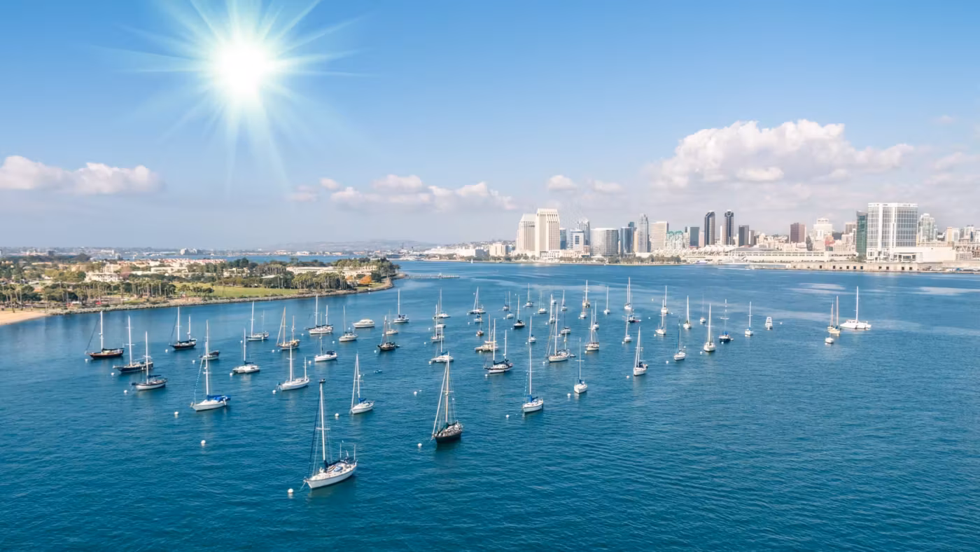 Yachts moored across San Diego harbour with the city along the shore
