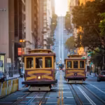 Two cable cars passing on a steep San Francisco street lined with buildings