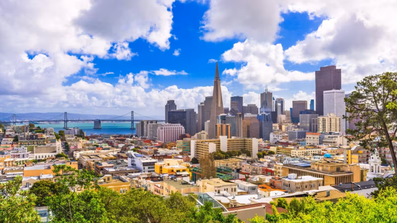 Downtown San Francisco seen from a hillside with the Bay Bridge in the distance