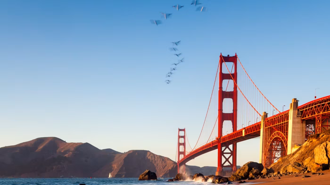 The Golden Gate Bridge seen from the beach with the Marin headlands beyond