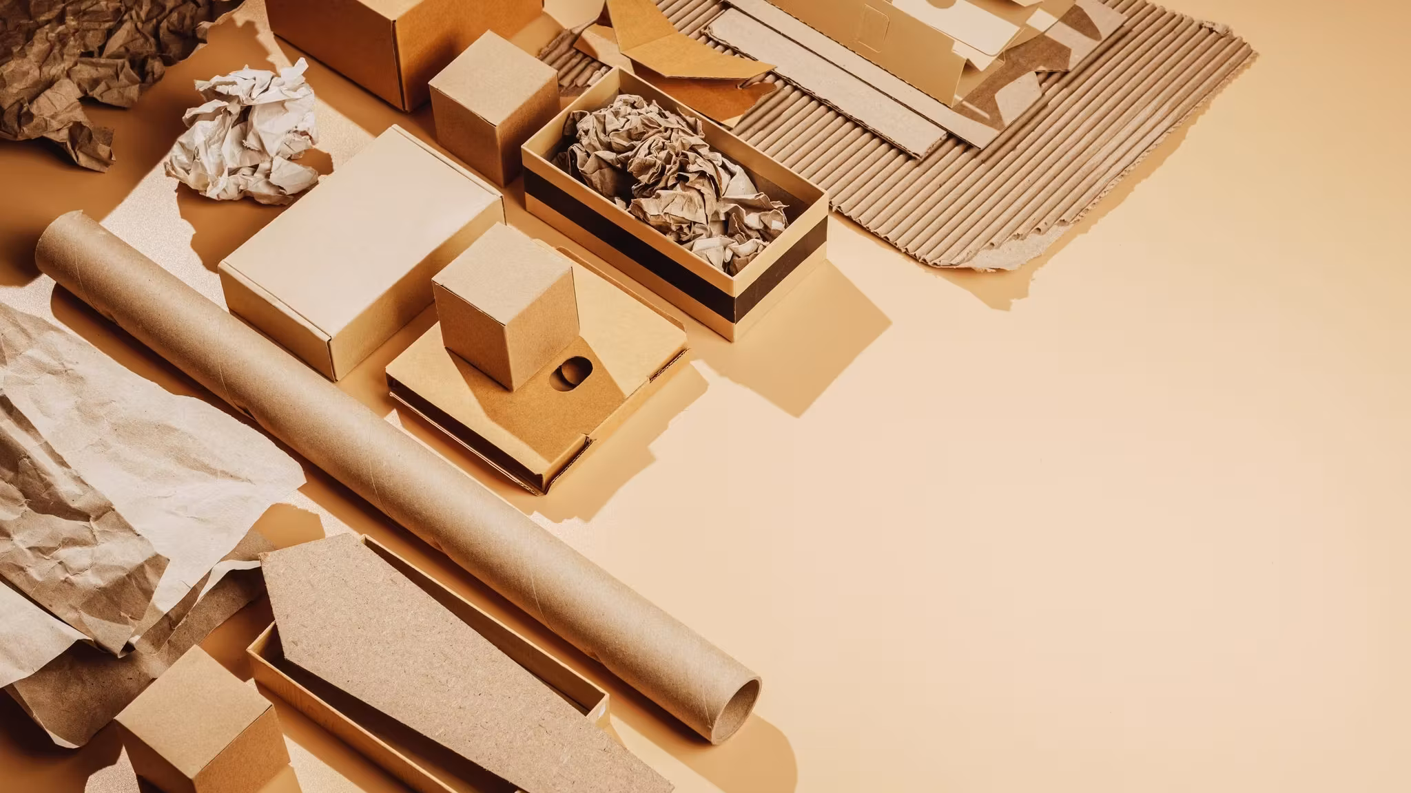 Packing materials laid out together: cartons, a paper roll and tape