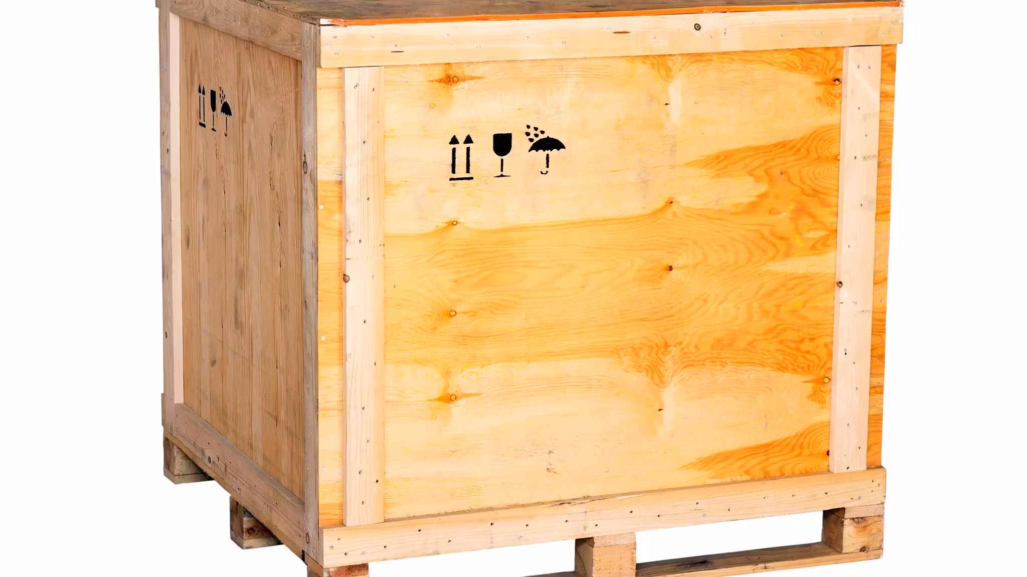 A timber crate with its lid screwed down, standing on a pallet