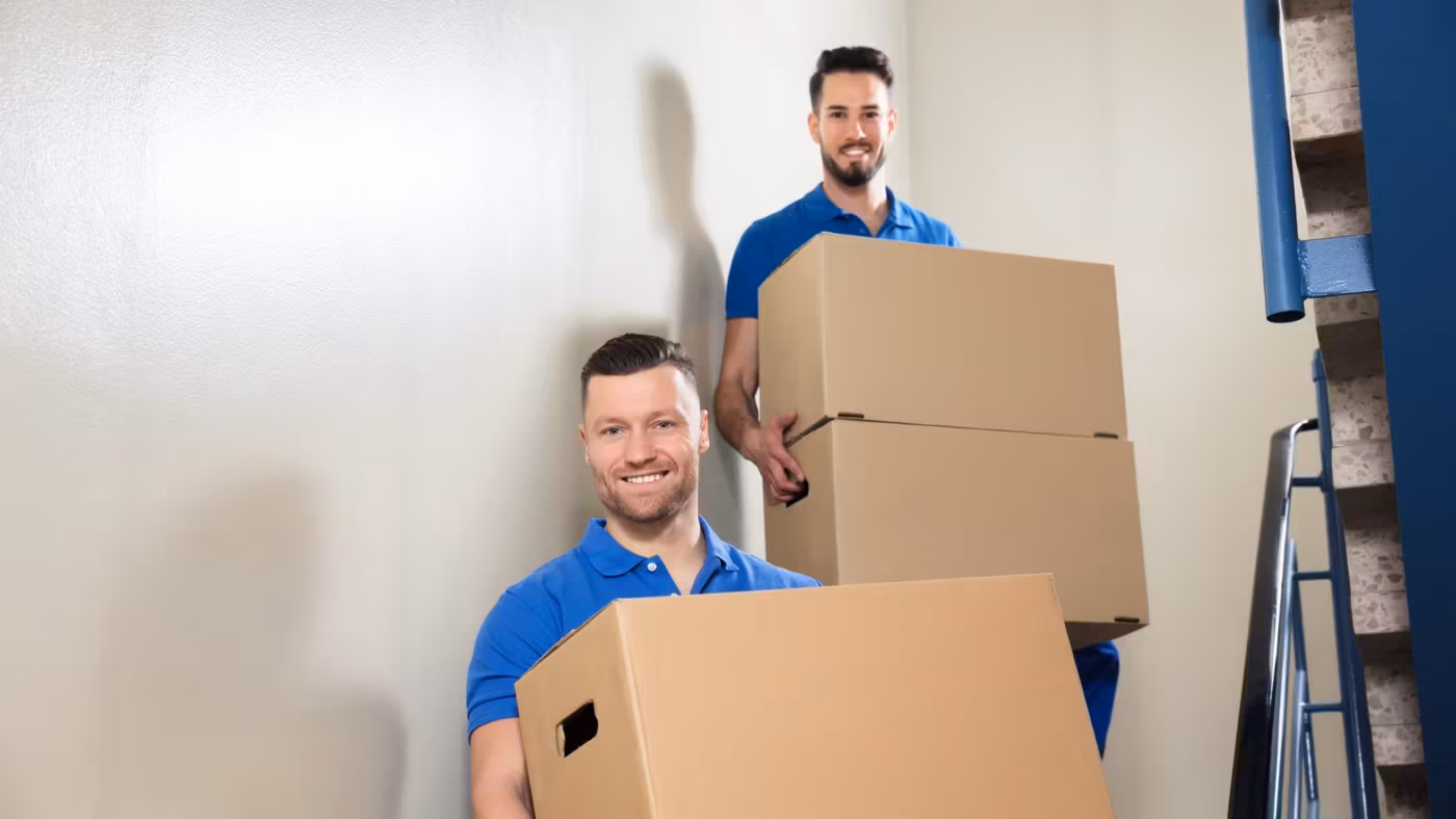 A mover carrying a carton with a step ladder behind him