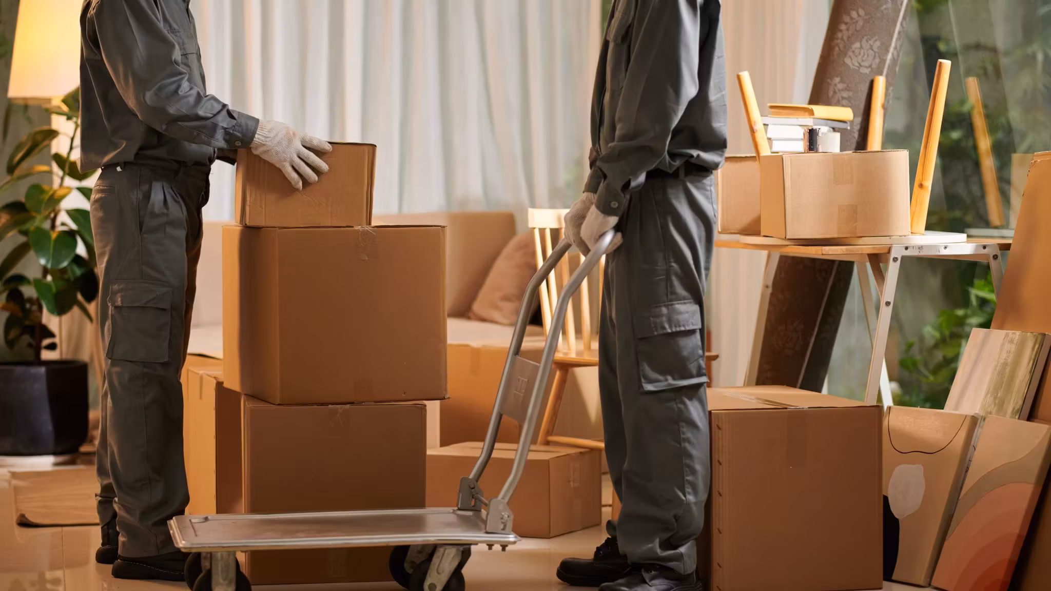 Two movers with a platform trolley of cartons among furniture and stacked frames