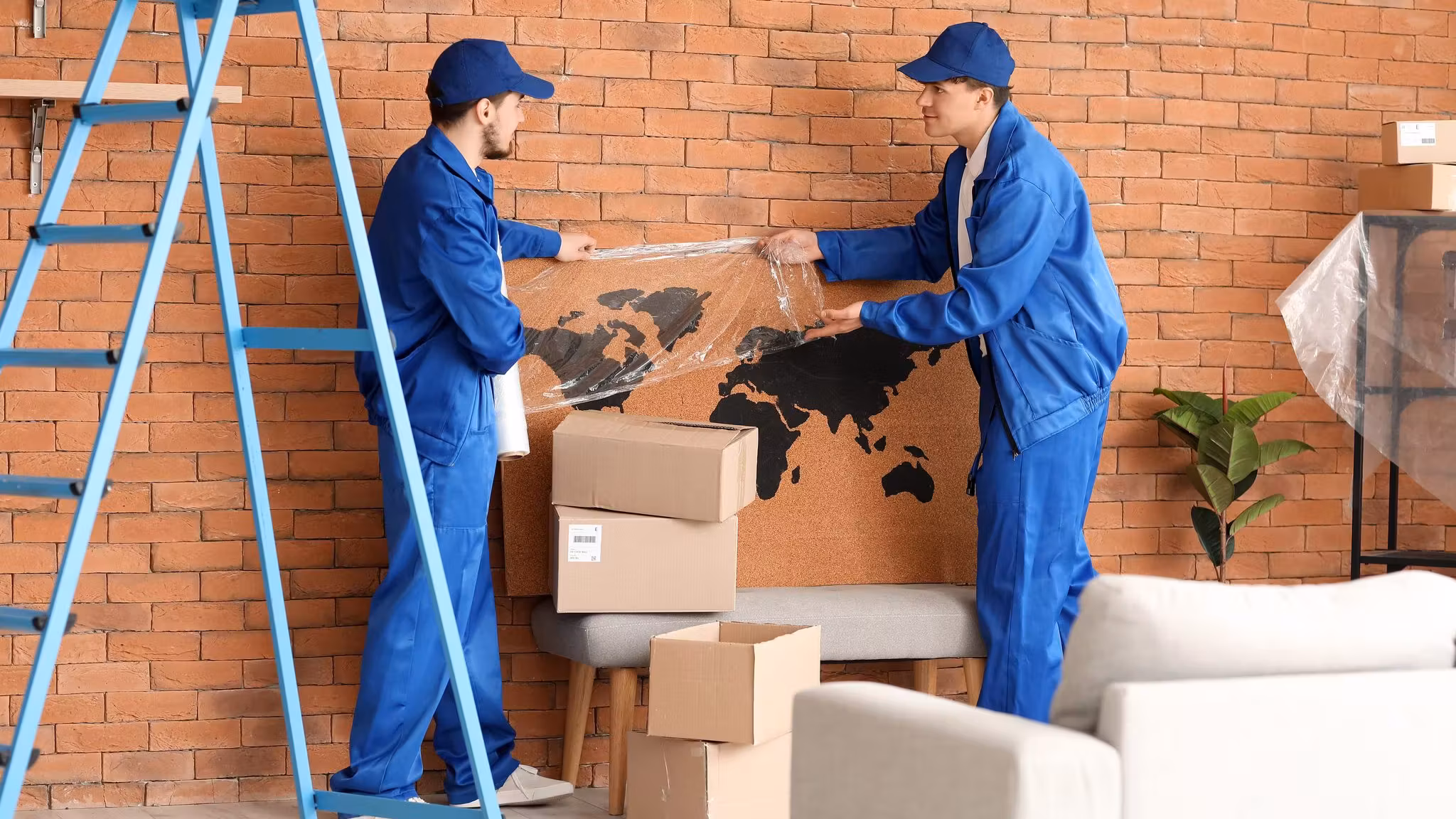 Two movers holding a framed map against a brick wall, cartons and a stepladder beside them