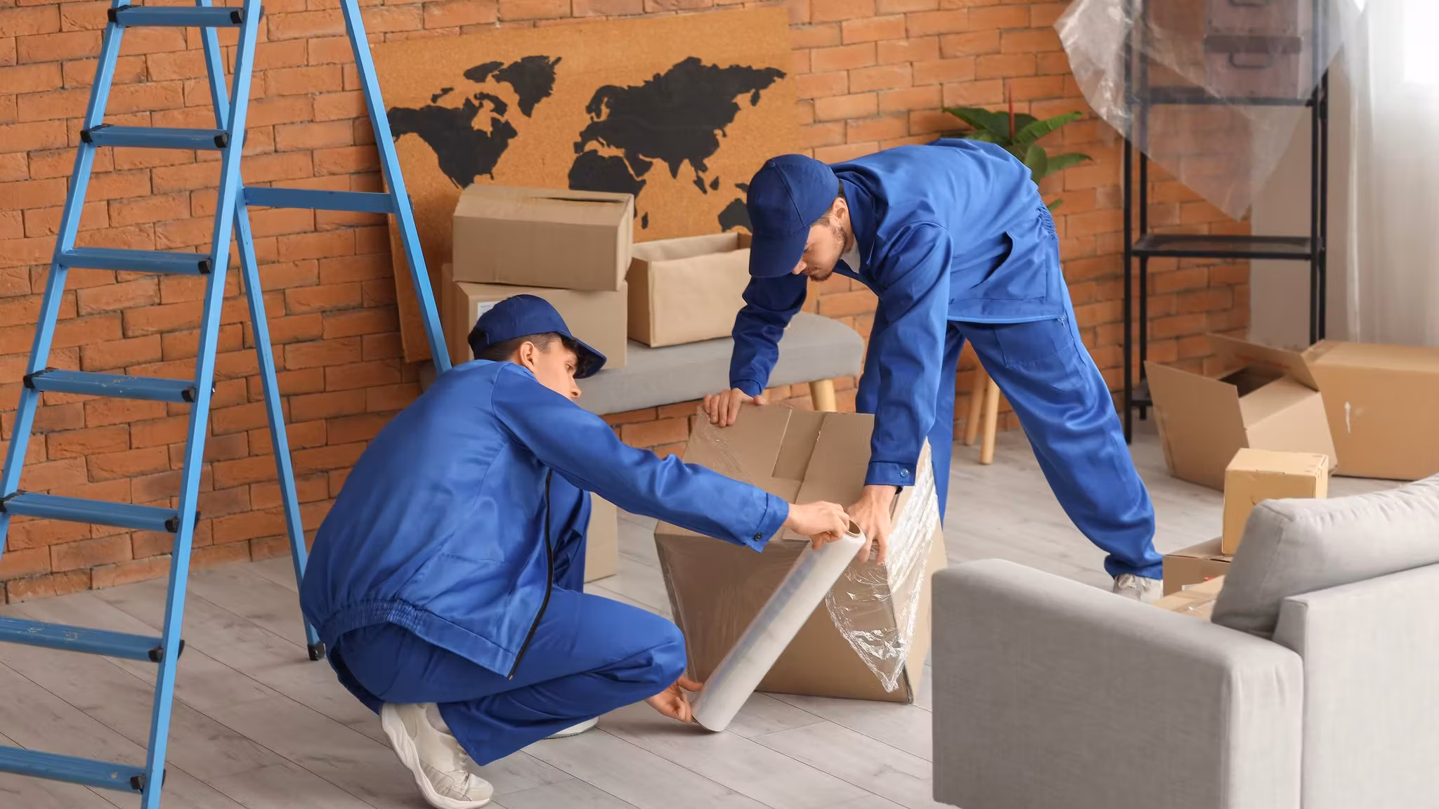 A mover unwrapping a framed picture on the floor beside a sofa and a stepladder
