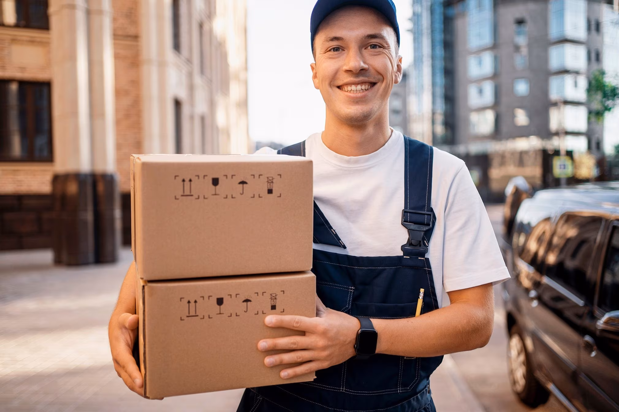 A mover holding two stacked cartons on a city street