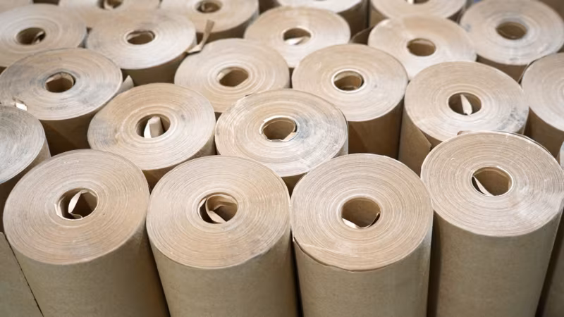 Rolls of kraft packing paper stacked on end