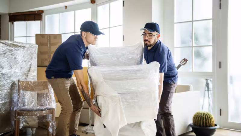 Two movers carrying an armchair under a protective cover