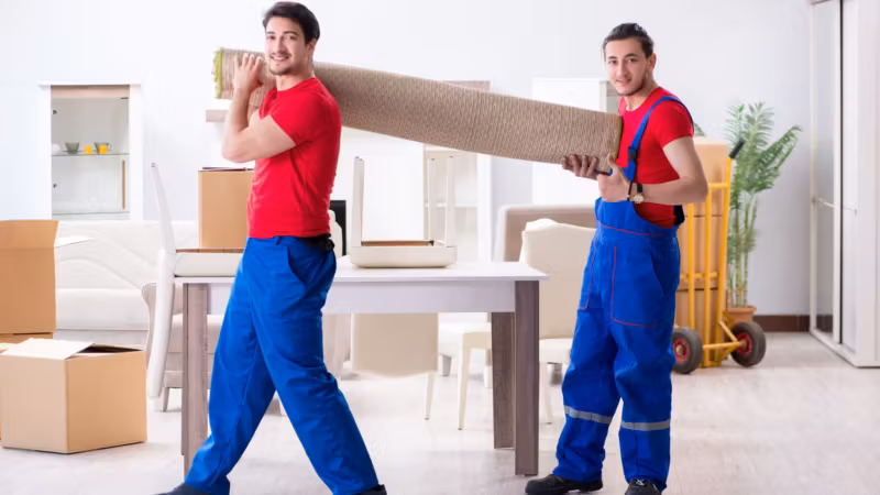 Two movers carrying a long flat panel between them
