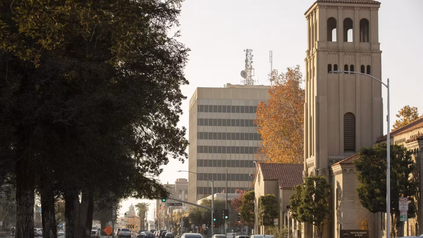 A tree-lined street of low offices with a bell tower behind