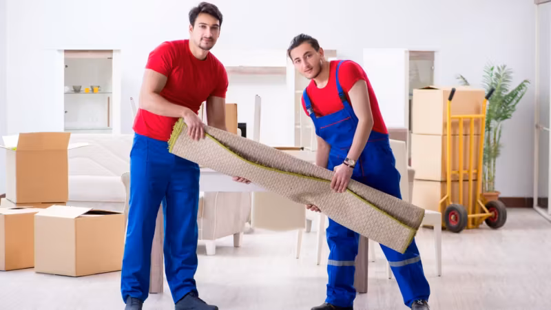 Two movers carrying a rolled rug through a room of cartons