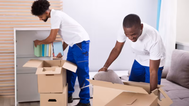 Two movers unpacking a carton into a cabinet