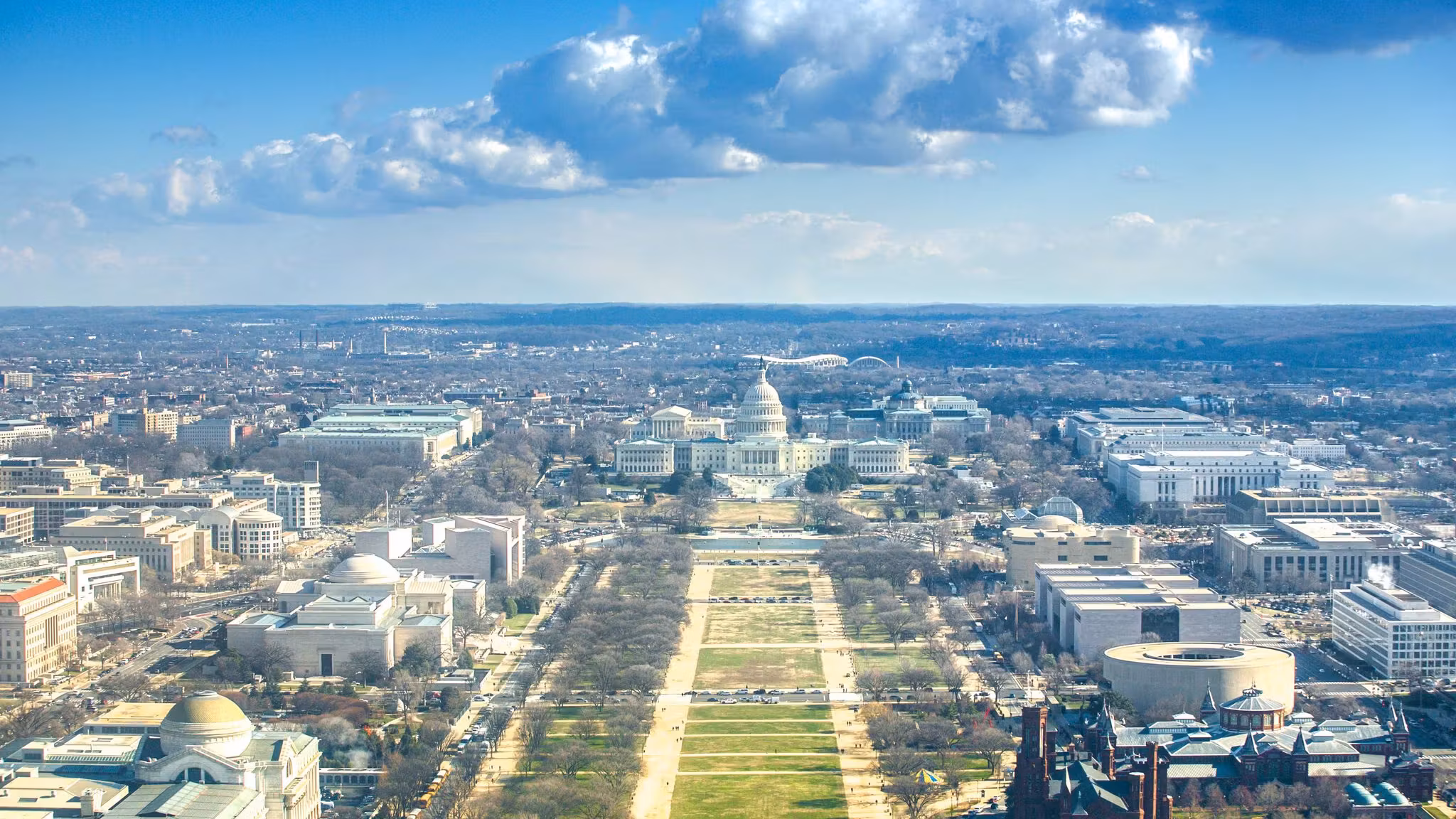 Aerial view along the National Mall in Washington DC toward the Capitol