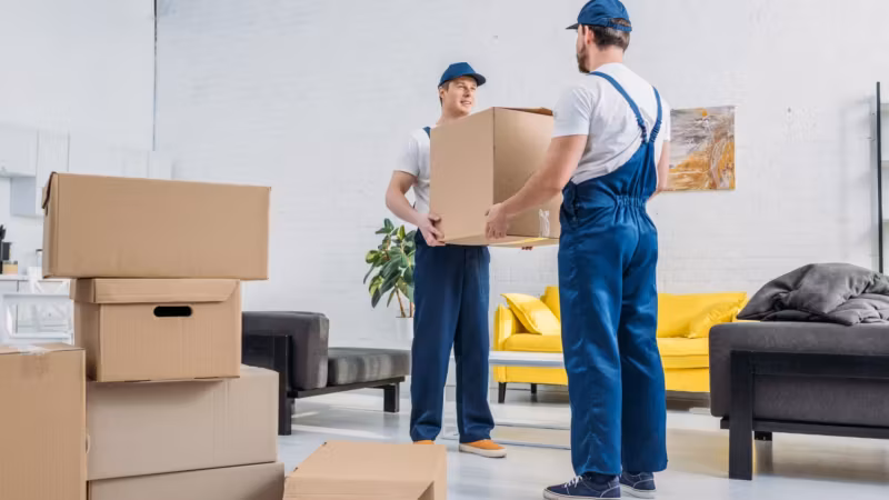 A mover carrying a carton across a room towards a second mover