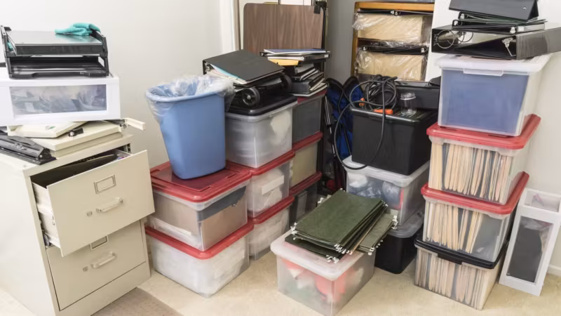 Household goods stacked inside a storage unit: crates, a bin and a filing cabinet