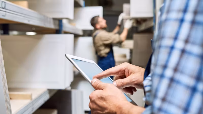 A hand holding a tablet while a mover works among cartons behind