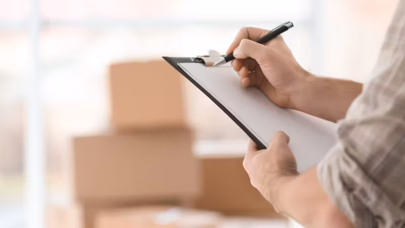 A hand signing a form on a clipboard, cartons stacked behind it