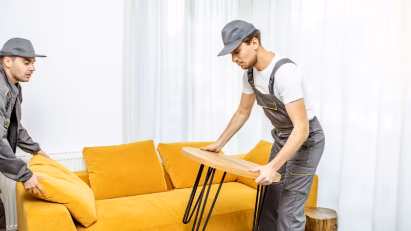 A mover fitting the hairpin legs back onto a table beside a yellow sofa