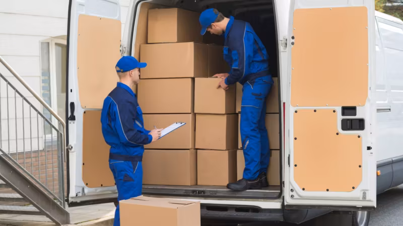 Two movers stacking cartons into a van, one holding a clipboard against the load